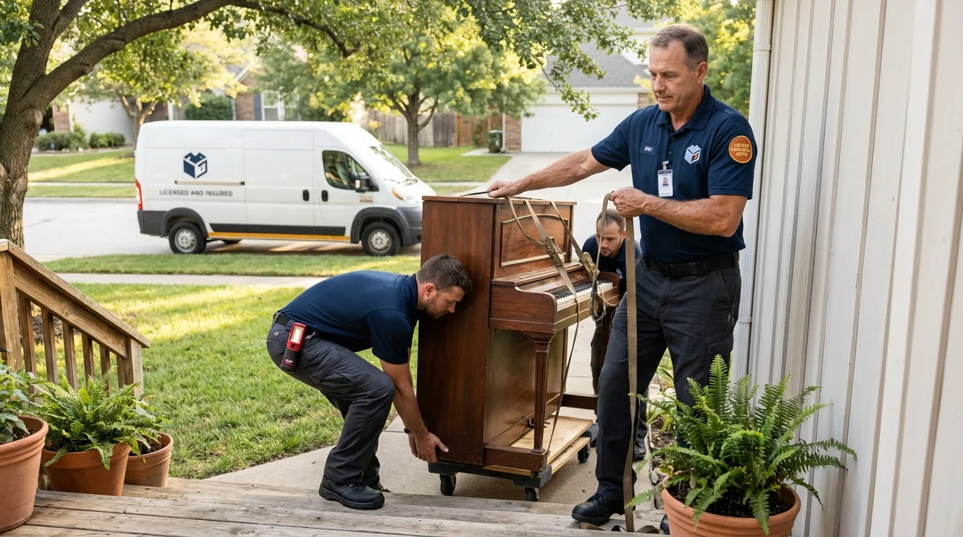 Licensed piano movers securing grand piano in Goldfield, NV